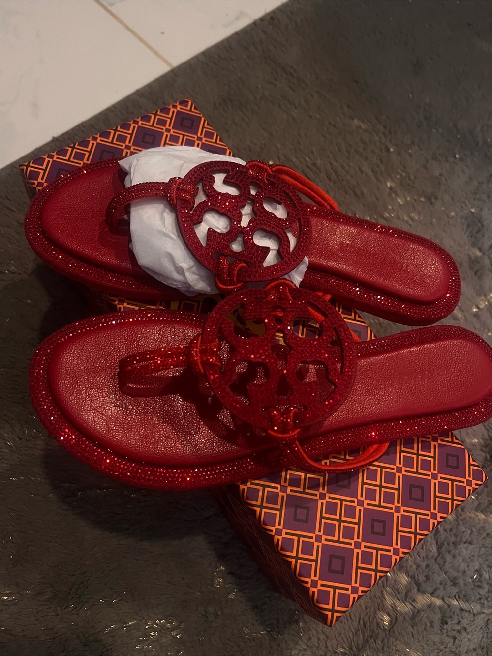 Tory Burch Red Glitter Miller Logo Slide Sandals
